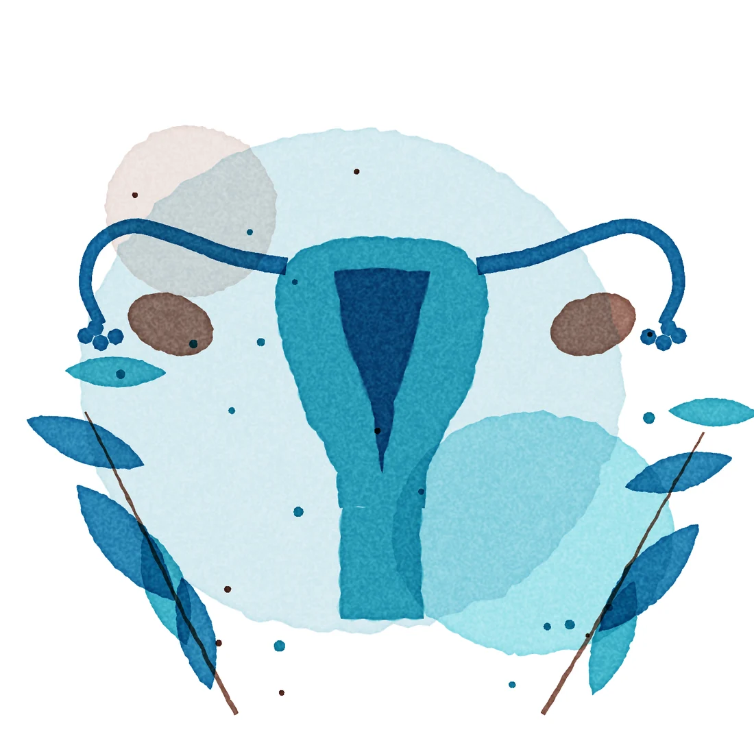 Watercolour illustration of the uterus, fallopian tubes and ovaries framed by leaves